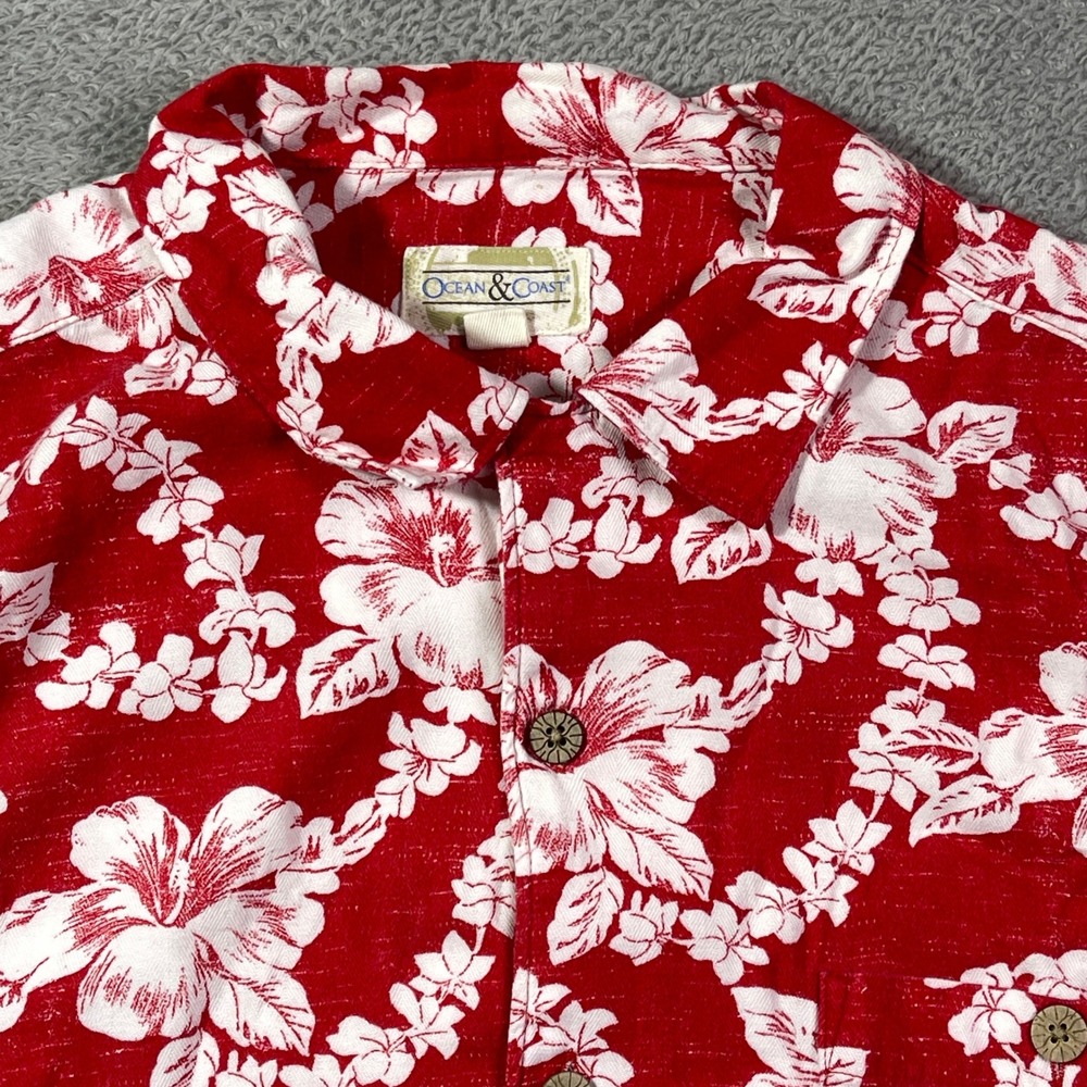 Ocean & Coast Men's Hawaiian Shirt‎ Floral Tropical Red White Button Up Large